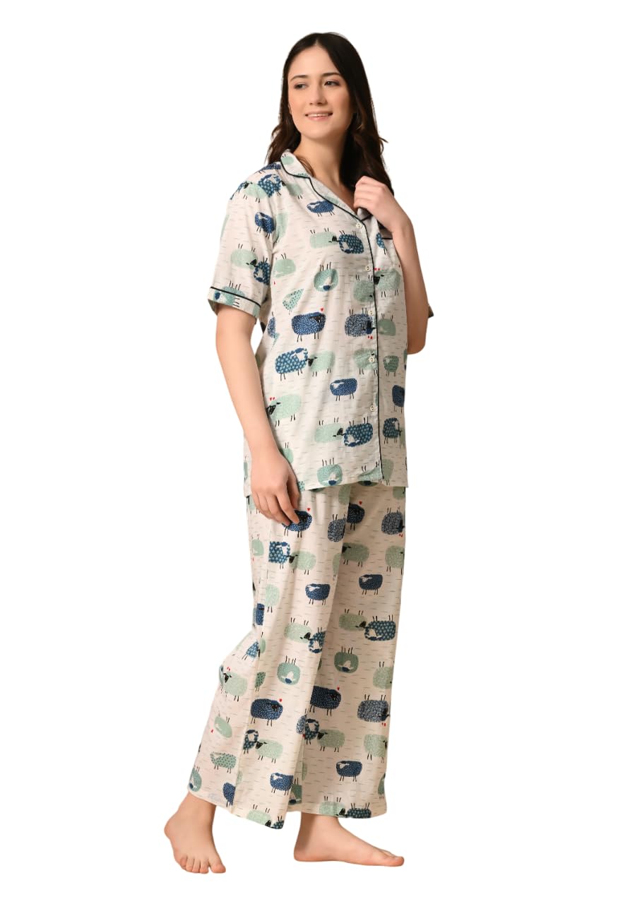 Women's Cotton Animal Printed Night Suit top & Pyjama Set (Grey)-image-29