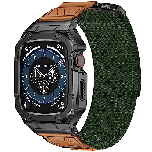 Image of BAITEYOU Band with Case Compatible with Apple Watch Band Series 6 5 4 SE 3 2 1 44mm 42mm, Nylon Strap with Stainless Steel Metal Rugged Case Cover for iwatch Bands for Men
