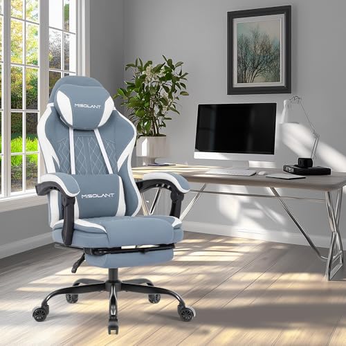 Image of Misolant Gaming Chair, Fabric Gamer Chair with footrest for Adults, High Back Ergonomic Computer Game Chair with Adjustable Headrest and Massage Lumbar Support, 90-155 Recline Free, Blue