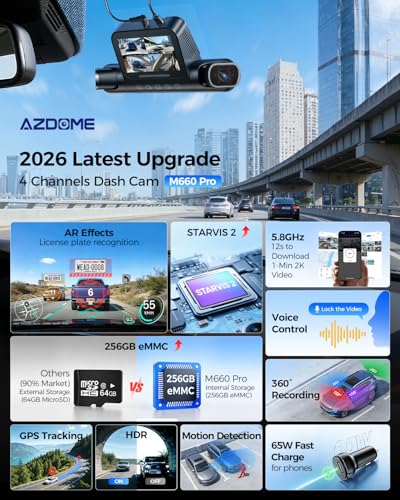 Image of AZDOME 4 Channel Dash Cam, Built-in 256GB eMMC, STARVIS 2, 360 Full Coverage Dashcam Front Rear Left Right, 2K+1080P*3, HDR IR Night Vision, 5.8GHz WiFi, GPS, Voice Control, Motion Detection M660 Pro