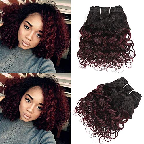 8" Kinky Curly Human Hair BundlesOMbre Color For Bob Weave 50g/Pcs T1b/99j Ombre Burgundy Color Remy Human Hair Extensions Human Hair Bundles Red Hair Extensions(8Inch6Pcs,#T99j)