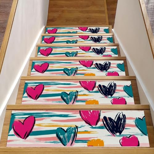 Tapis d'escalier antidérapants animaux et famille sereine lot de 15 marches cœurs