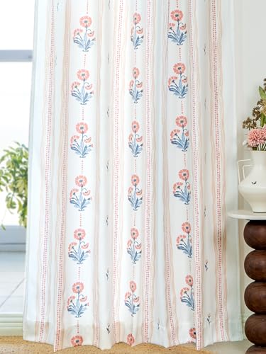 Image of Tranquebar Curtain Co. Cotton Curtains 7 Feet Long Set of 2,60-65% Room Darkening,Coral-Blue Floral Print,Door Curtains 7 Feet Set of 2,Door Curtains 7 Feet Set of 2,BackTabs Dani (213 cm) - Set of 2
