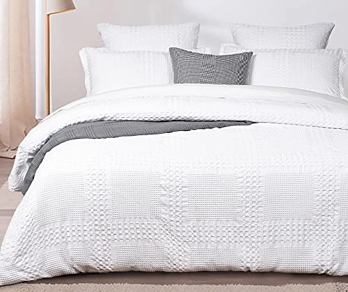 PHF 100% Cotton Waffle Duvet Cover Set King Size, 3pcs Pre-Washed Soft Comforter Cover Set for All Season, Decorative Textured Duvet Cover with Pillow Shams Bedding Collection, 106"x92", White