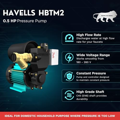 Image of Havells Pressure Booster Pump For Home Water Pump HBTM2 (0.5 HP) | Copper Winding, High Flow Rate, 180-260 V Range | Overheat Protection, Durable | For Home, Gardening, Car Wash | 1 Yr Warranty