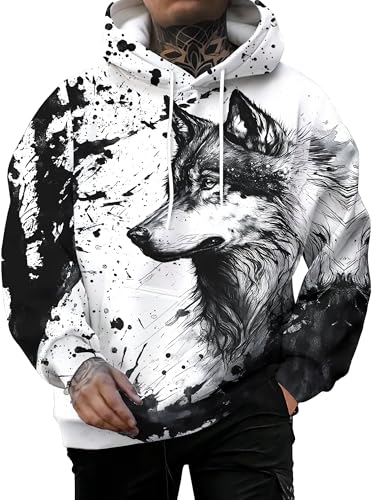 Kiptmug Mens Wolf Hoodie Stylish Animal Graphic Print Pullover Sweatshirt Wolf XL