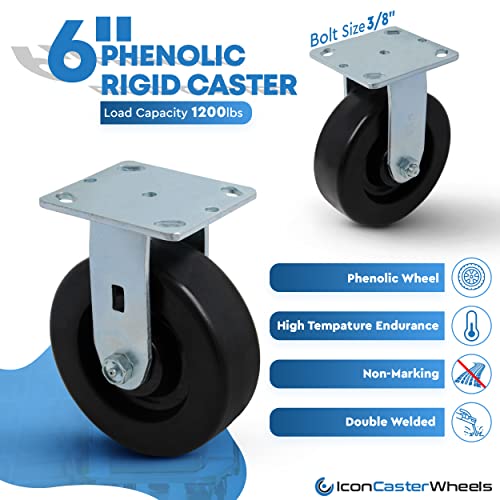 Iconcasterwheels 666001PHNCASTERS Icon Caster Wheels 6 Inch X 2 Inch Phn Heavy Duty Industrial Casters, Top Plate 4 Inch X 4.5", Black, 2 Rigid 2 Swivel, Non-Marking Phenolic Wheel thumb #8