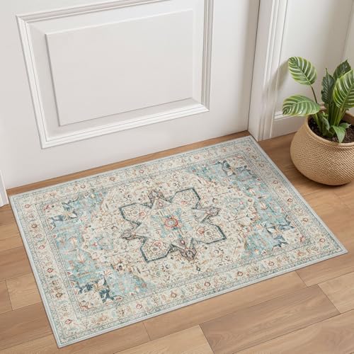 Tortania Area Rug 2x3 Doormat - Washable Vintage Oriental Farmhouse Soft Thin Indoor Carpet for Living Room Bedroom Hallway Entryway Kitchen - Aqua Multi