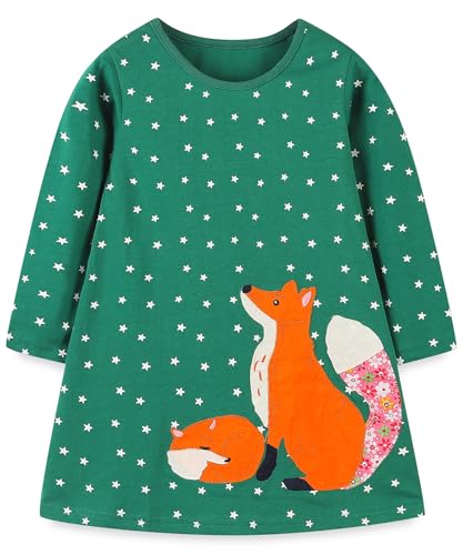 Hongshilian Girls Cotton Chirstmas Dress Long Sleeve Cartoon Appliques Casual Playwear Dresses
