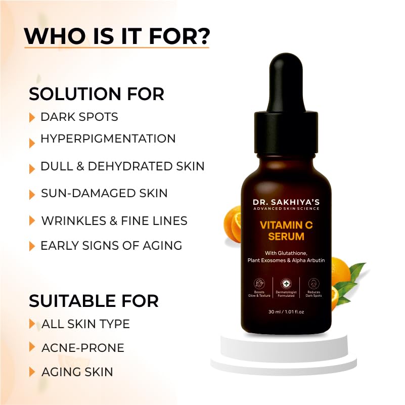 Image of Dr. Sakhiya's 25% Vitamin C Serum with Glutathione, Plant Exosomes & Alpha Arbutin | Lightweight, Non-Greasy | For Dull, Pigmented & Uneven Skin Tone - 30ml