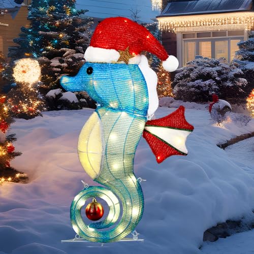 Suncalla Outdoor Beach Christmas Decorations, 26.7 Inch 3D Lighted Seahorse Coastal Christmas Yard Decor with Santa Hat and Ball, Lighted Xmas Holiday Lawn Stakes for Home Party Garden Patio Display
