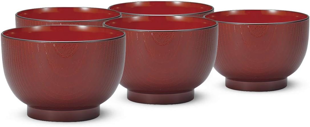 CTC-108354 Soup Bowl, Red, 4.1 x 2.8 inches (106 x 70 mm), Red Soup Bowl, Wood Grain, Clean Coat Treatment, Pack of 5