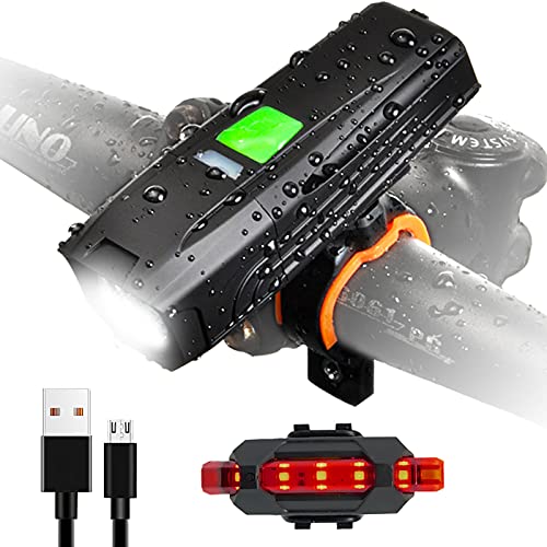 QUESPLE Bike Lights Set, USB Rechargeable, Waterproof Bike Front Lights, Powerful Bicycle Front Headlight and Back Taillight, 5 Light Modes, Easy to Install for Men Women Kids Night Riding