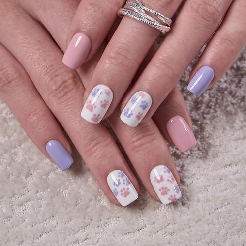 Image of CurvLife Soft Gel Press On Nails Square, Long-Lasting 32Pcs 16Size Reusable Stick On Fake Nails Kit with Glue Tabs, Glossy Salon-Style Manicure for Women Teens Beginners, At-Home (Paw Sweet)
