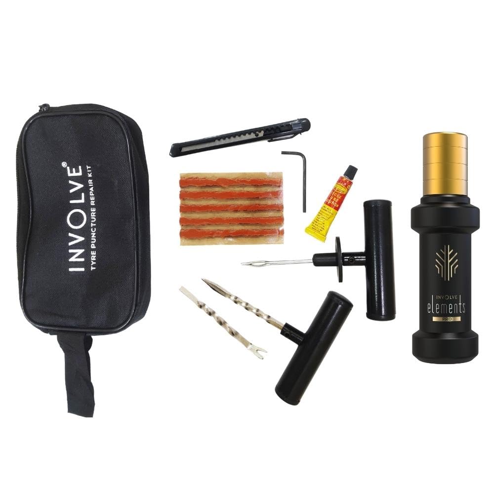 INVOLVE 9 in 1 Universal Tubeless Tire Puncture Kit Emergency Flat Tire Repair Kit Tool (Storage Bag) Elements pro Gold Dust luxuary car perfume for Car, Bike, SUV, & Motorcycle Involve Accessories