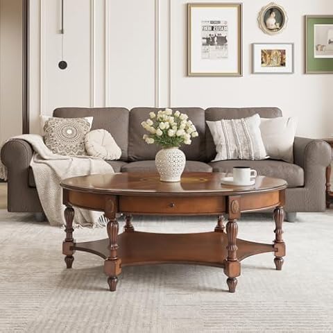 VERDANTREE Large Oval Coffee Table with Drawer for Living Room, Solid Wood Cocktail Table with Open Storage Shelf, Mid-Century Modern Sofa Center Table, Easy Assembly,Beeswax KFZ1533MG Cover