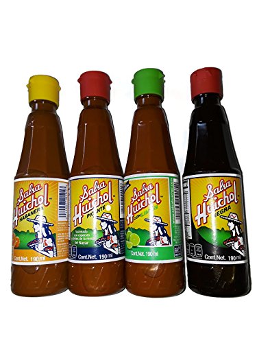 Set of 4: Gourmet Salsa Huichol Hot Sauce, with Lime + Habanera Roja & Salsa Negra, 6.5 oz bottles