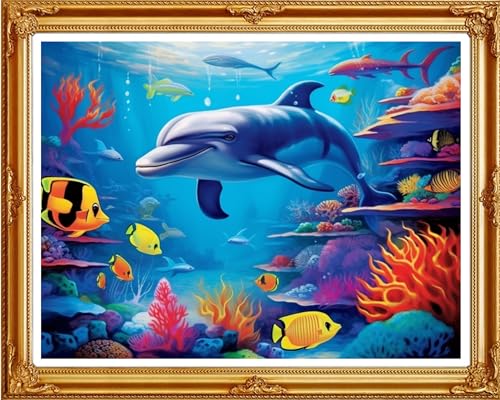 Image of DMCVIVR Stamped Cross Stitch Kits for Beginners Adults Needlepoint Kits for Beginners Embroidery Kits for Adults Crossstitch Kit for Beginners 11CT-Dolphin Underwater World 16x20 inch