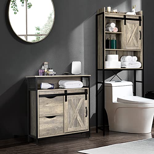 Image of VINGLI Farmhouse Bathroom Floor Storage Cabinet, Rustic Freestanding Cabinet Organizer w /Sliding Barn Door, 2 Large Drawers and Adjustable Shelves (Wash Grey)