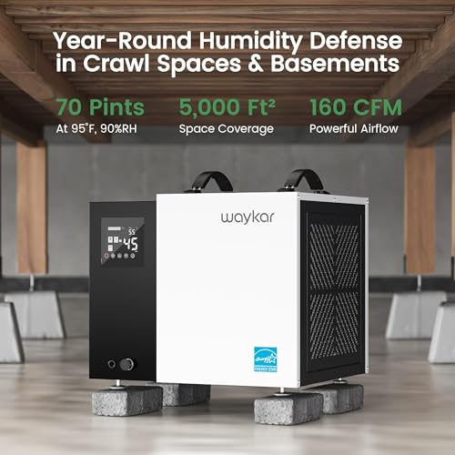 Image of Waykar 70 Pint Energy Star Crawl Space Dehumidifier with Drain Hose for Basements, Commercial & Water Damage Spaces up to 5000 Sq. Ft., Compact, Strong Dehumidification, 5-Year Quality Coverage