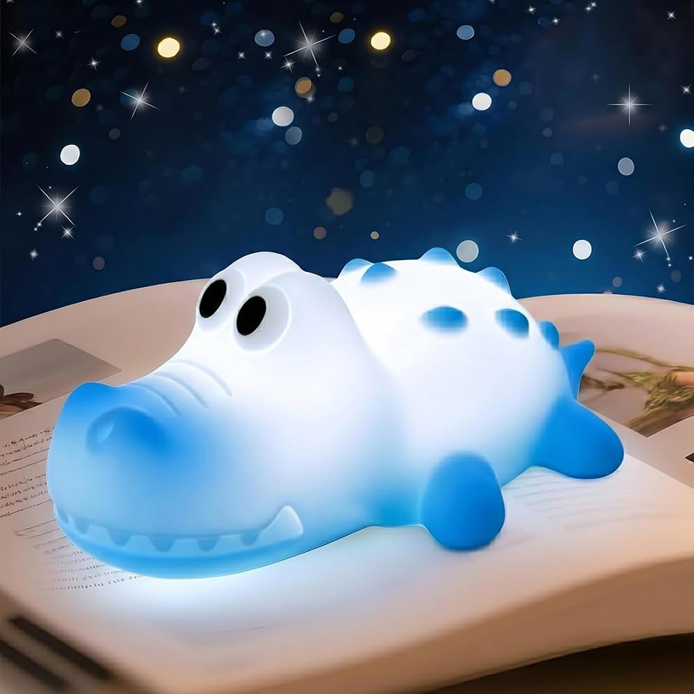 Luce Notte per Bambini a LED, Luce Notte a Forma di Coccodrillo per Neonati 3000K Lampada Calda e Modalità RGB Lampada per Bambini in Morbido Silicone con Timer da 30 Minuti,Blu