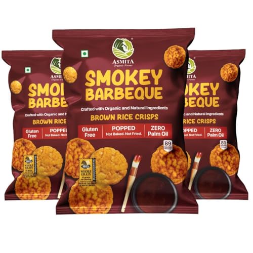 Image of Asmita Organic Farms Brown Rice Popped Crisps | Not Baked, Not Fried | Low-Fat, High-Fiber Healthy Snacks with Millets | Smokey Barbeque Flavor | Low-Calorie | Pack of 3 (55g Each)