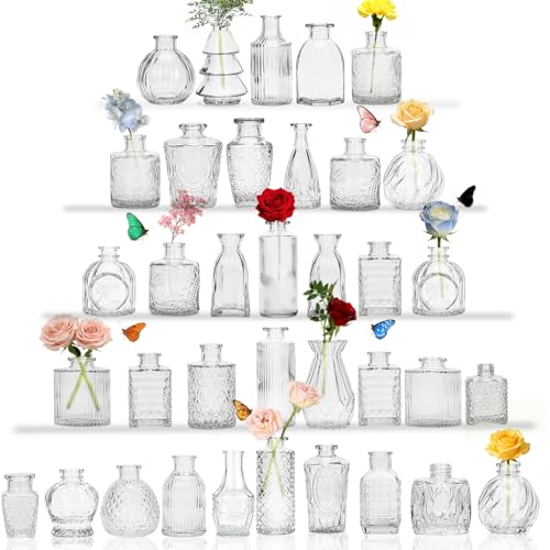 Clear Glass Bud Vase Set of 36 Pcs Small Bud Vases in Bulk Glass Crystal Flower Vases Table Centerpieces for Party Event Wedding Decor Baby Shower Decorations (Clear 36 Pcs)