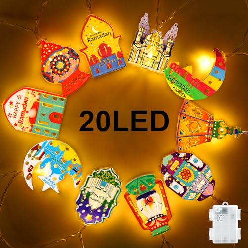 Dalugo Ramadan Decorations Lights, 3M 20LED Battery Operated Metal Moon Star Lantern Fairy Lights, EID Mubarak Ramadan Eid String Lights for Home Garden Ramadan Decor