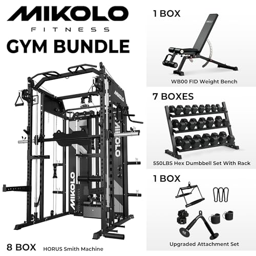 Image of Mikolo Smith Machine with Weight Stack, Power Cage Home Gym System with LAT Pulldown & Cable Crossover, Multi-Functional Trainer with Dual Pulley System, Includes 10+ Free Attachments