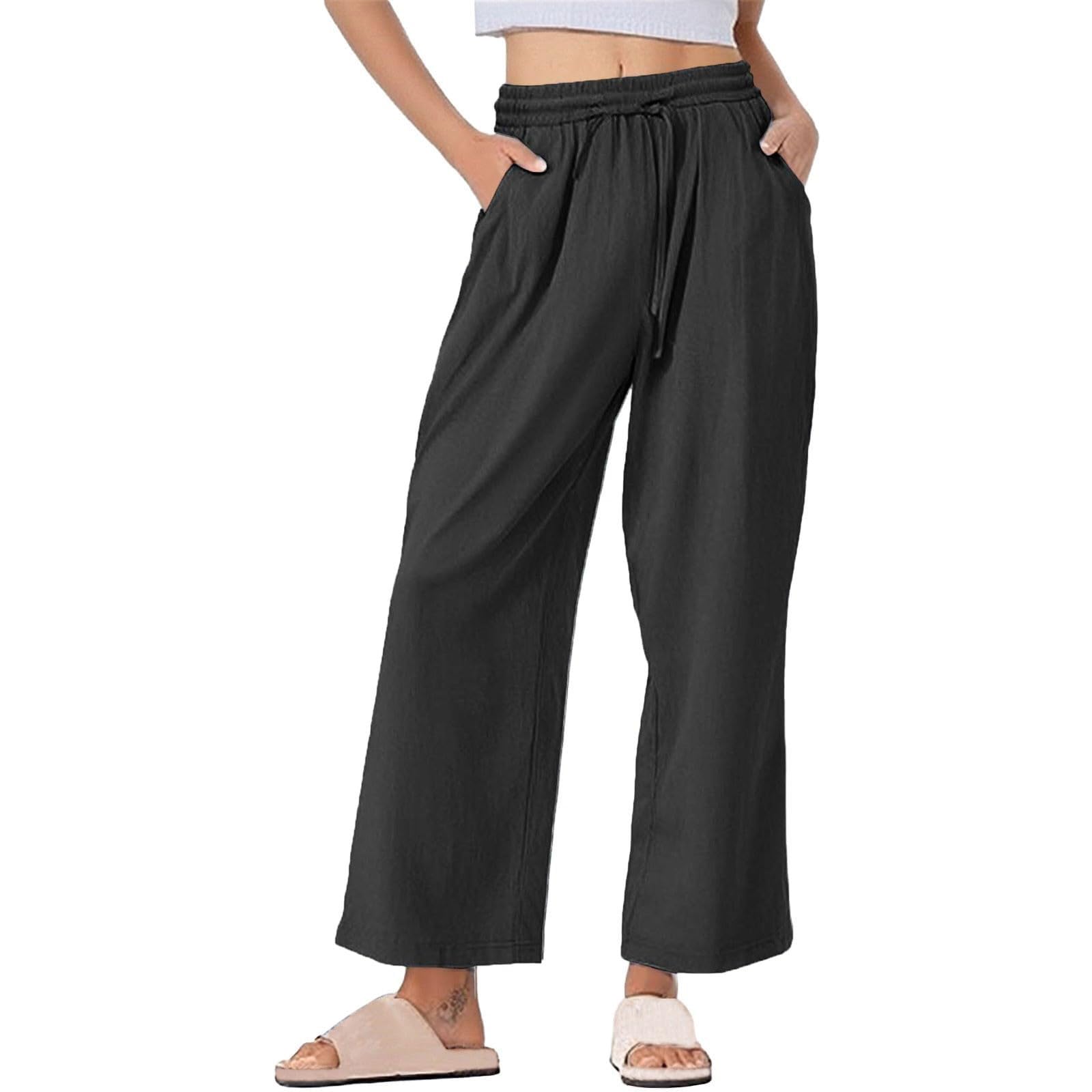 Womens High Waist Wide Leg Pants Elastic Drawstring Trousers with Pockets Casual Loose Flowy Beach Work Dress Pants