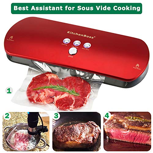 KitchenBoss Vacuum Sealer Machine for Preservation Automatic Vacuum Sealing System, Intelligent LED Indicator Lights,with Starter Kit Inclued 20 PCS Bags(Red)