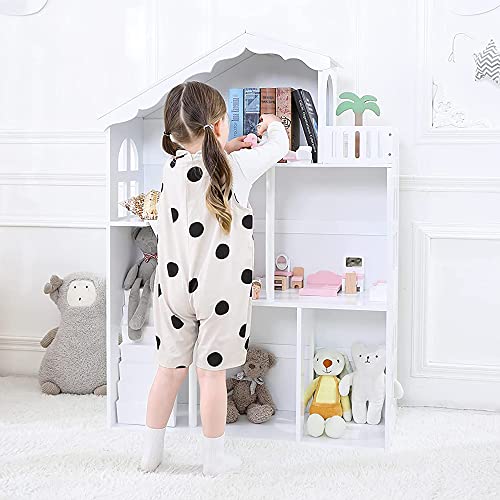 Dollhouse for Kids ,Bookcase Bookshelf Doll House Wooden Toys Books Storage Organiser Shelf, Gift for Children with 3 Tier Display Shelving Unit White Storage Rack
