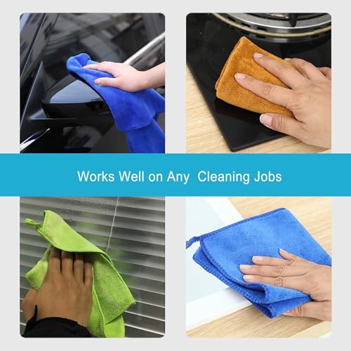 Image of Microfiber Cleaning Highly Absorbent Free for Drying Dishes Wiping Down the Counters Cleaning Supplies for Kitchen Dust Rag Cloths (12 inchx12 inch) Green /Blue /Orange /White -12 Pack