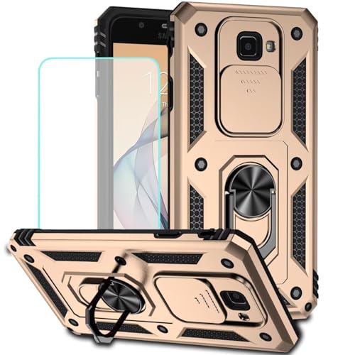 Vokuha Case for Galaxy J7 2017/J7 Sky Pro/J7 Halo/J7 V/J7 Perx/Halo with Tempered Glass Screen Protector and Slide Camera Cover, 360° Rotate Ring Stand Magnetic Cover for Samsung Galaxy J7 Prime Gold