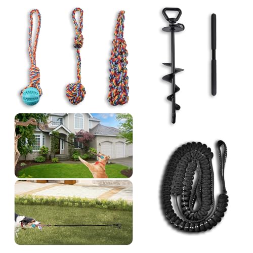 Tether Tug Outdoor Dog Toy with Upgraded Steel Stake & Adjustable Safety Rope, Includes 3 Chew Toys , Durable Interactive Tug of War Bungee Rope Toy for Large, Medium & Small Dogs on Lawns or Trees