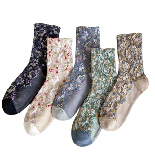 Vintage Embroidered Crew Socks for Women with Cute Flowers, Combed Cotton Crew Socks for Spring and Fall (5 Pairs-Set B)