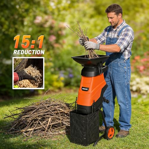 Image of MAXLANDER 15-Amp Electric Wood Chipper Shredder, 1.75-Inch Cutting Capacity, Yard Waste Mulcher for Composting Branches & Twigs, Corded Chipper with Collection Bag