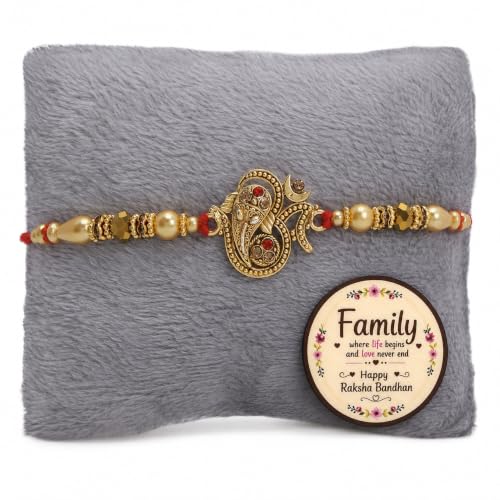 Image of Riddhika Ventures Glorious Gold Plated Auspicious OM and Diamond Ring Rakhi with Roli Chawal and Greeting Card