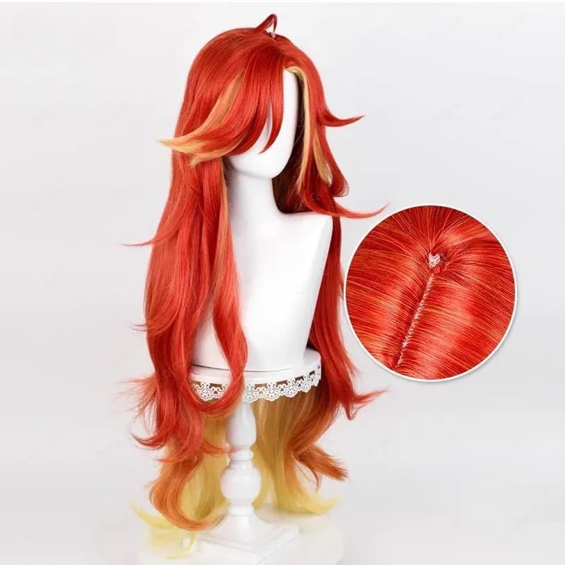 Red Yellow Wig for Mavuika Cosplay, Wavy Costume Wig, Synthetic Hair with Bang for Women Halloween Carnival Party - Image 3