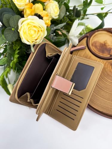 Women's Leather Wallet Credit Card Holder Purse Leaf Bifold Long Wallet Elegant Purse Buckle Zipper Clutch, Pink3