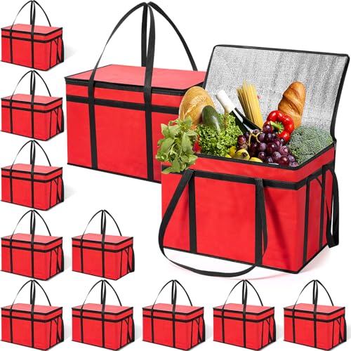 Dansydaisy 10 Pcs Insulated Food Delivery Bags XXXL Pizza Delivery Catering Bags Large Capacity Cooler Carrier with Handle for Hot and Cold Food Grocery Travel Lunch Shopping, Red