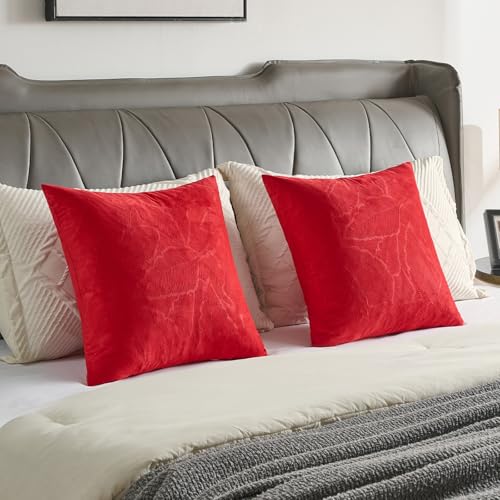 Image of FUTEI Pack of 2 Velvet Throw Pillow Covers 18x18 Inch Soft Embossed Leaf-Relief Textured Decorative Cushion Cases Modern Natural Farmhouse Accent for Couch Bed Living Room, Red