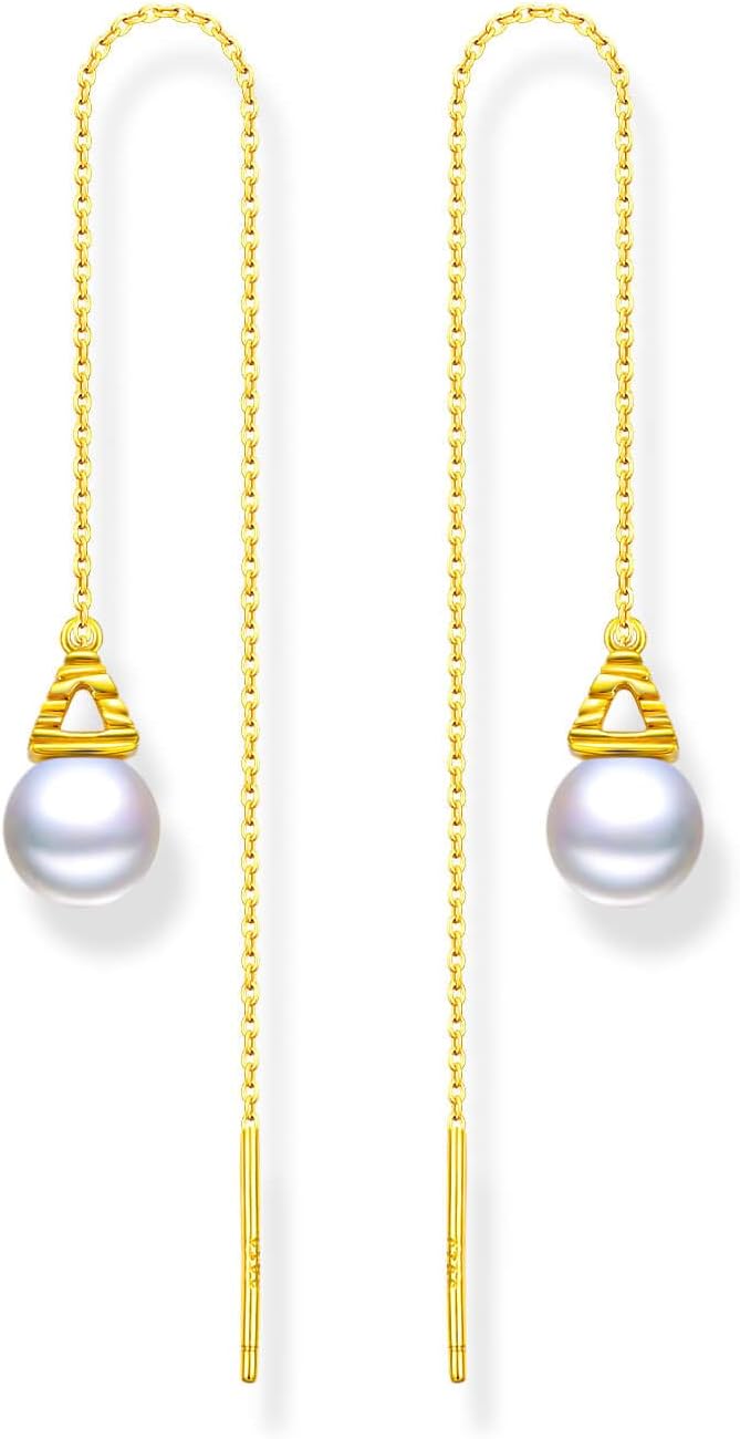 Sterling Silver Pearl Earrings Long Chain Dangle Earrings Threader Earring for Women （Silver/14K Gold Plated ）