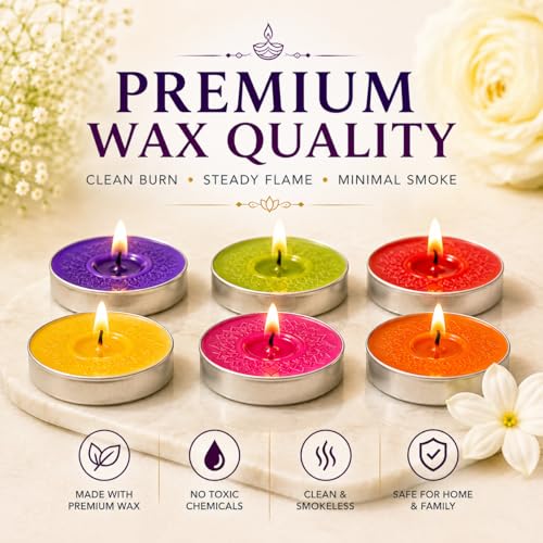 Image of Bindian Candle Tealight Candles, 100% Paraffin Wax Candles for Decoration, Smokeless Tea light Candle 50 pcs for Home Decor, Diwali Decoration, Wax Candles 1-1.5 Hour Burn Time (Pack of 50 Multicolor)