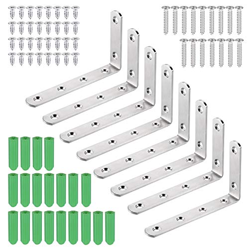 JIZZU 8 piezas Soporte de Esquina de Acero Inoxidable, Escuadras para Estanterias para Madera Soportes Estanteria para Soporte del Panel de Valla, Soporte de Estantería