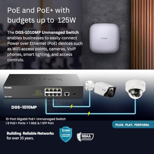 Image of D-Link PoE Switch, 8 10 Port Unmanaged w / 1 Gigabit Ethernet Port & 1 SFP Uplink Port, 125W PoE Budget Fanless Rackmount Plug N Play (DGS-1010MP), Black