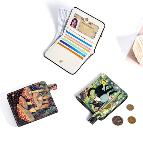 Image of Toughergun Mushroom Night RFID Small Wallet Women, Slim Thin Vegan Leather Bifold Wallet with Zipper Coin Pocket & ID Window, Cute Mini Credit Card Holder Gift for Women Ladies Teen Girls