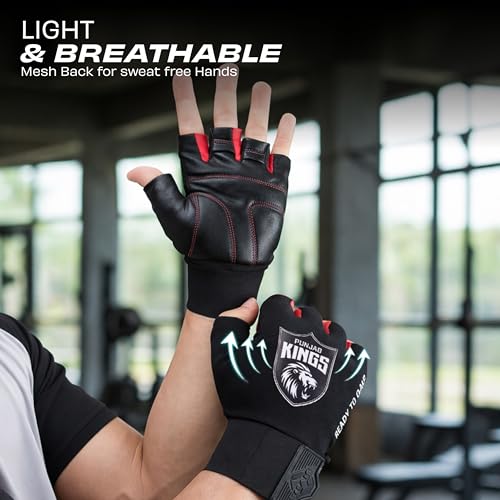 Image of Nivia X Punjab Kings Scorpion Gym Gloves - Leather Palm Grip, Wrist Support Strap, Padded Protection for Weight Training & Workouts, Large