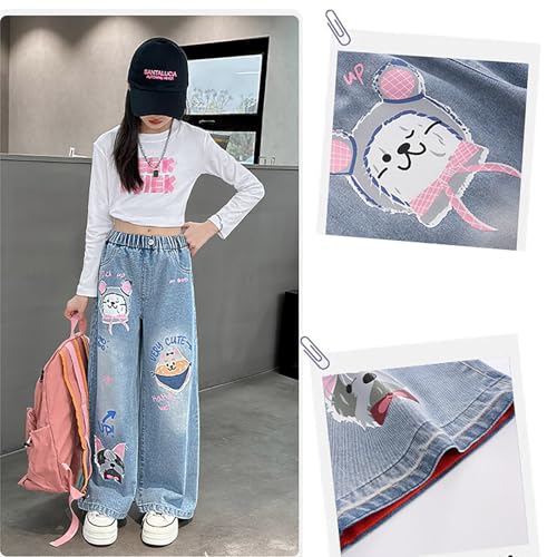 Girls 𝐘2K Graphic Jeans Animals Print Baggy Elastic High Waisted Pant Teen Fall Straight Leg Denim Pants3
