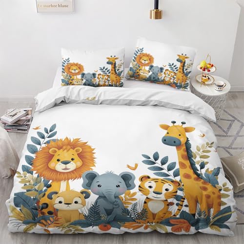 Qfpryzius Parure de Lit 90x190 Enfant pour 1 Personne Animaux de La Jungle, Housse de Couette Réversible Safari + 1 Taie d'oreiller 65x65 cm, Doux Ensemble de...